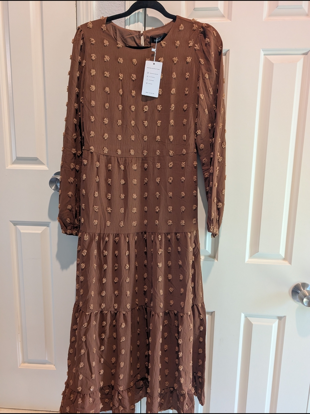 Brown Tiered Long Sleeve Midi Dress